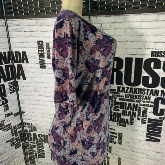 LulaRoe XL Purple Critter Print Crew Neck Short Sleeve Top - Picture 3 of 6
